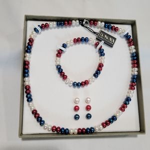 HONORA RED WHITE BLUE PEARL NECKLACE BRACELET 3 EARRINGS SET